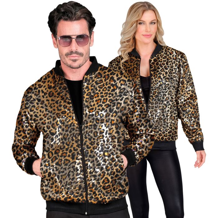 Pailletbomberjakke med leopardprint i guld