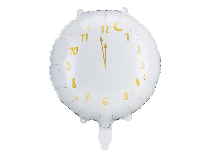 Hvid rund ur folieballon med guld visere og tal - 45 cm