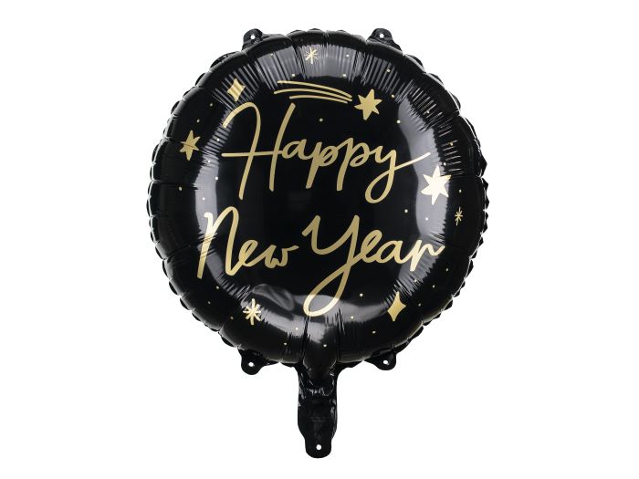 Sort rund nytår folieballon med guld stjerner og skrift - 45 cm