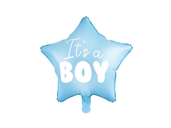 Lyseblå babyshower stjerne folieballon med hvid skrift dreng - 48 m