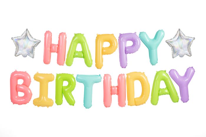 Multifarvede pastel Happy Birthday bogstav folieballoner med 2x sølv stjerner - 395x35 cm