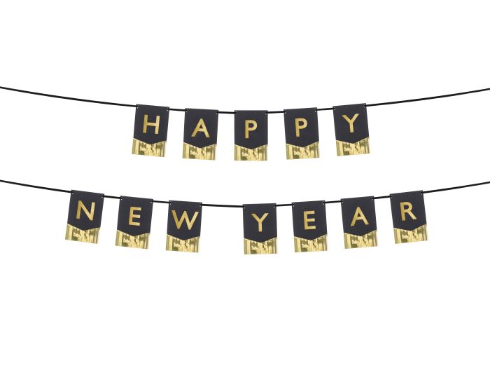 Sort nytår guirlande med guld skrift og frynser - 135x16,5 cm