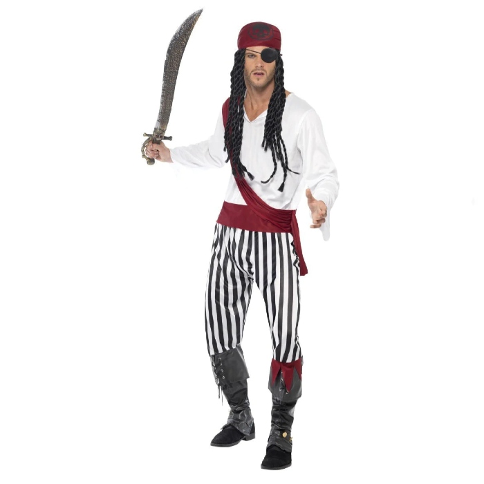 Køb Klassisk pirat kostume med stribede detaljer - Pris 219.00 kr.