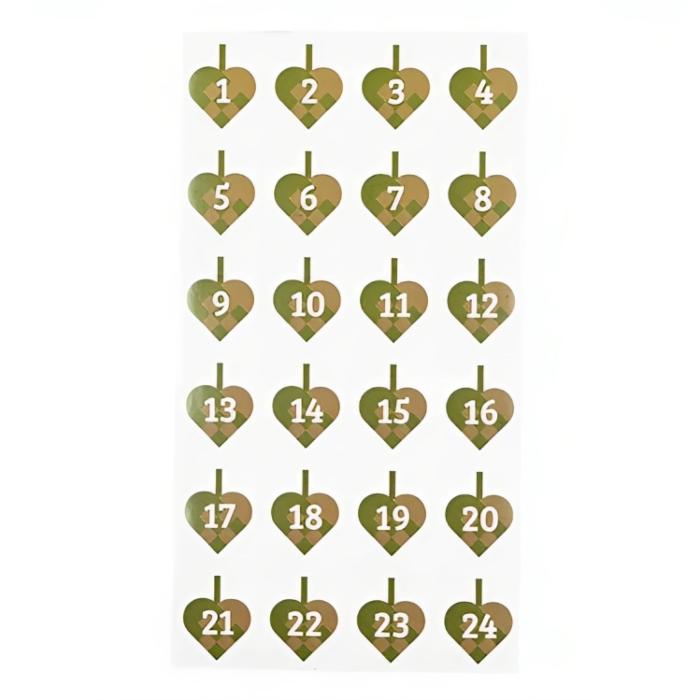 Klistermærker til pakkekalender med tal og flettede julehjerter grøn 24x Det Gamle Apotek
