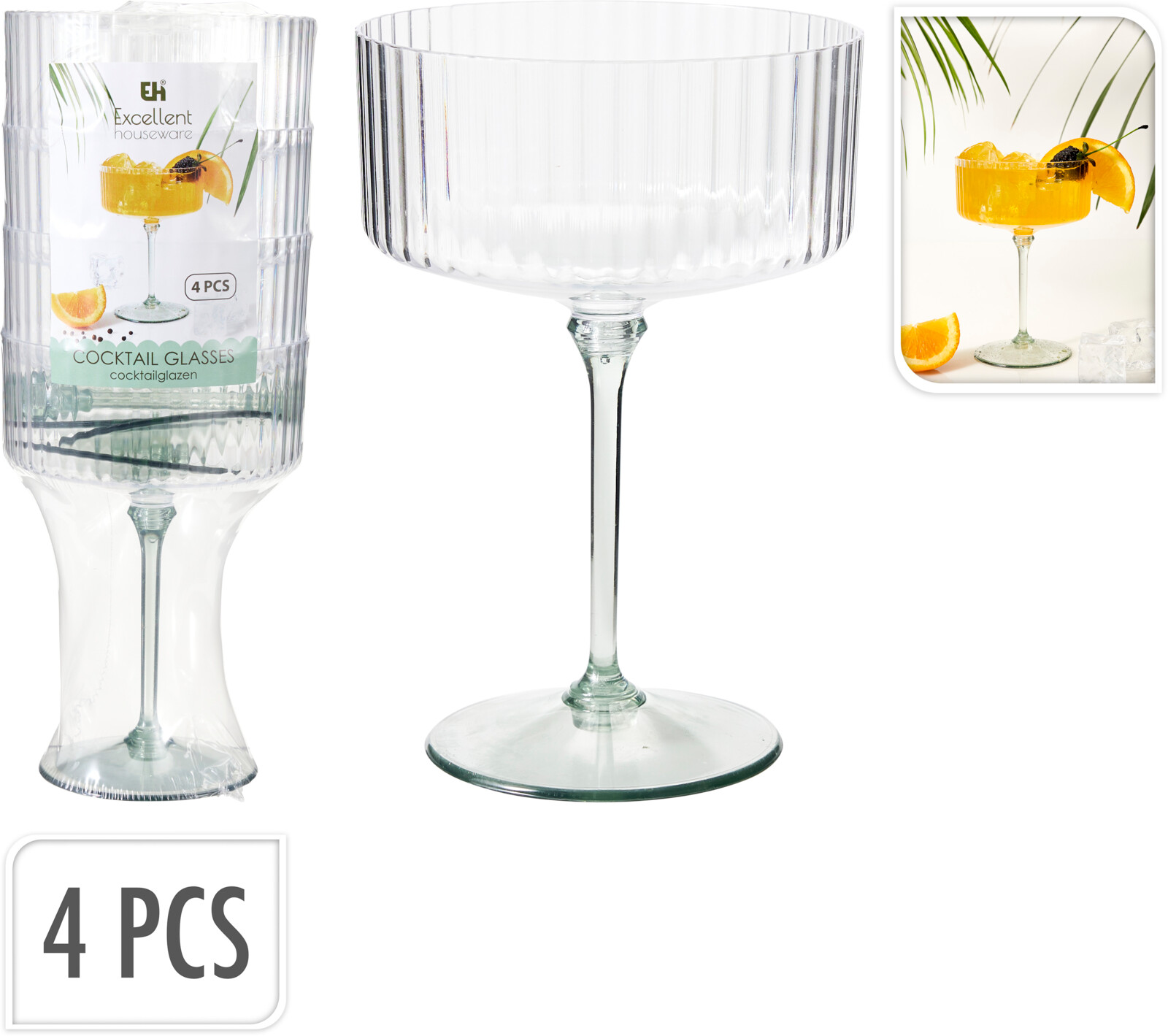 Cocktailglas 4 stk. i coupe-facon med lysegrøn stilk