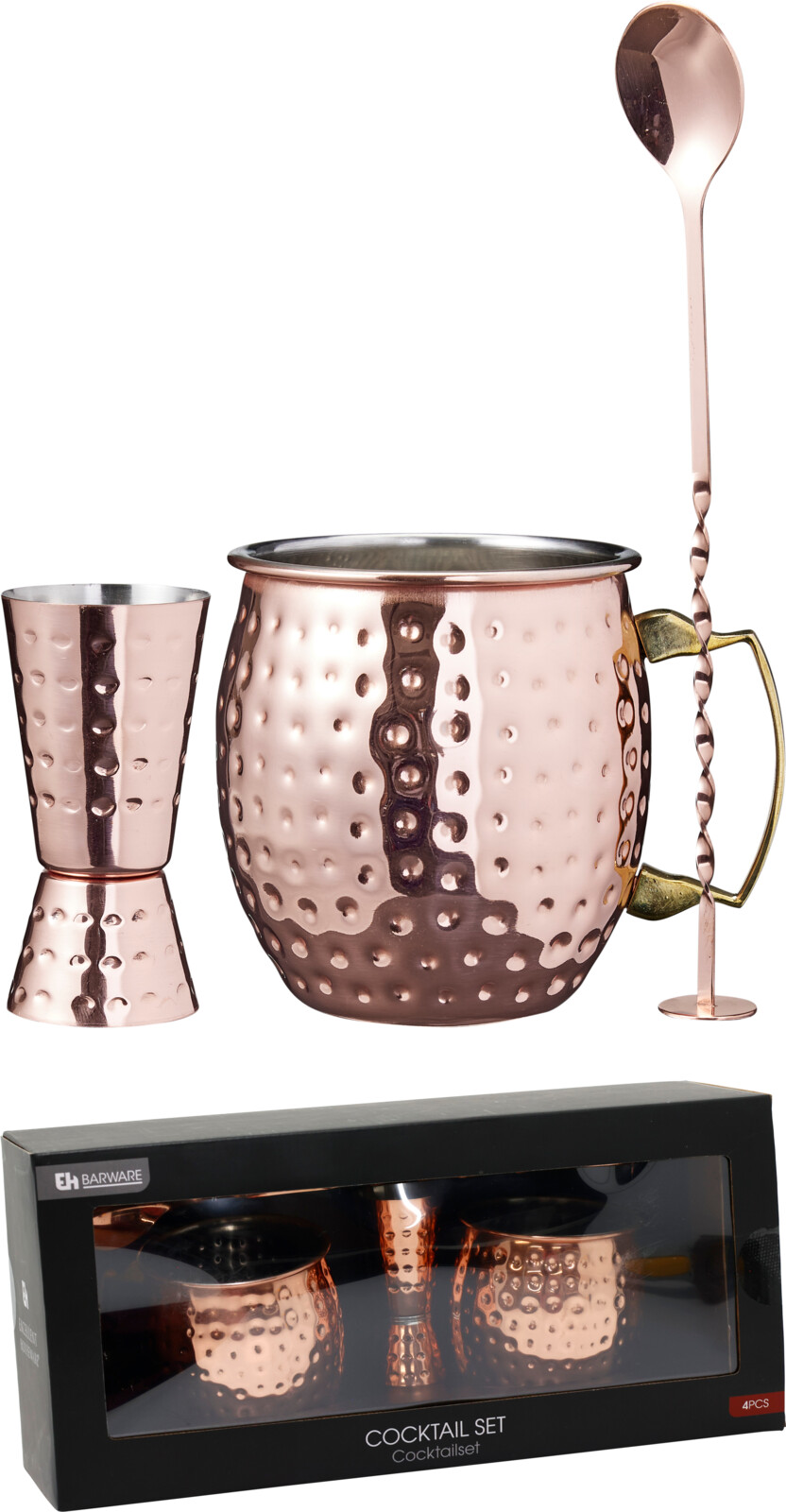 Moscow Mule cocktailsæt med 2 krus, 4 dele, kobberfarvet