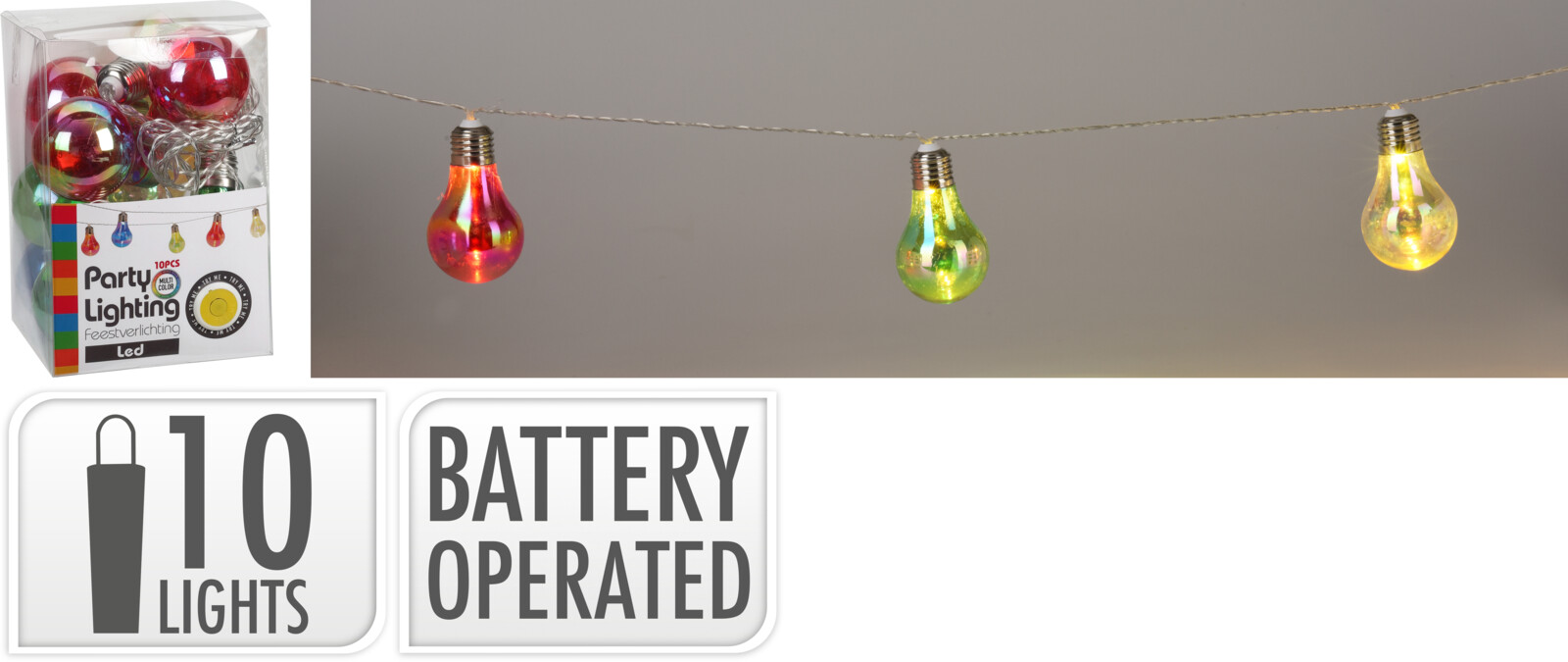 Lyskæde med 10 farvede pærer, batteridrevet