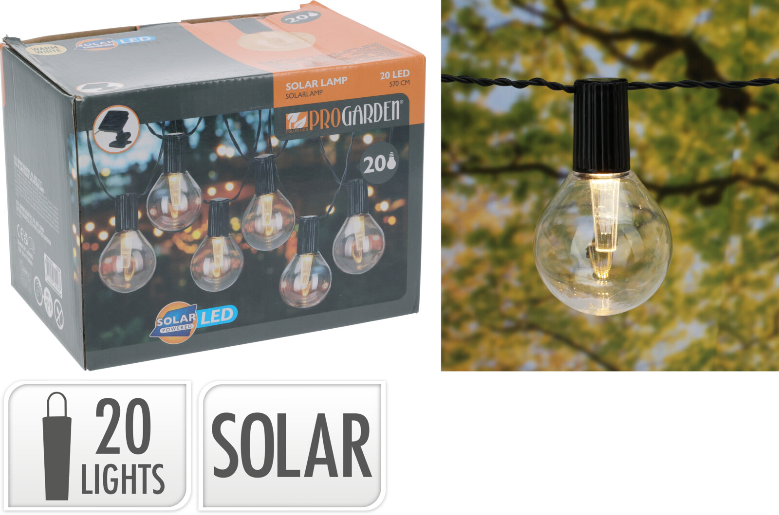 Solcellelyskæde med 20 LED-lys og klare pærer