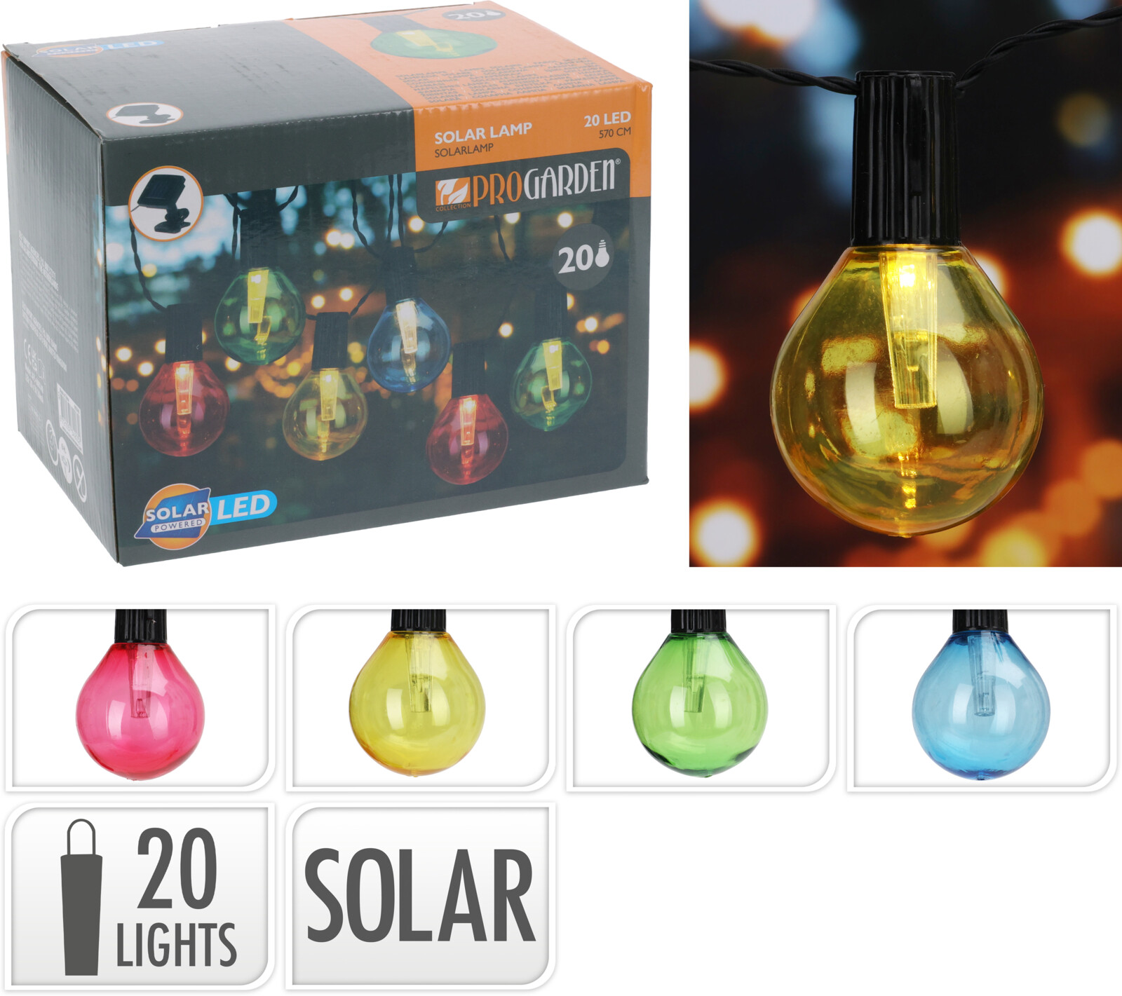 Solcellelyskæde med 20 LED-lys og farvede pærer