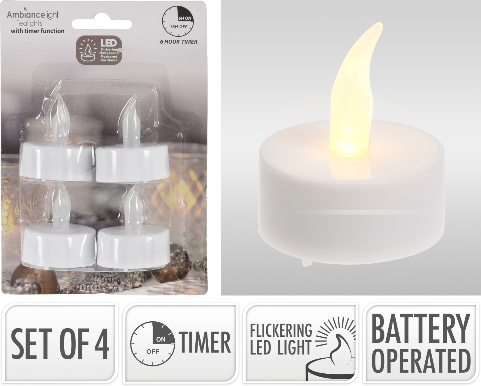 LED-fyrfadslys 4 stk. med timer og flakkende lys