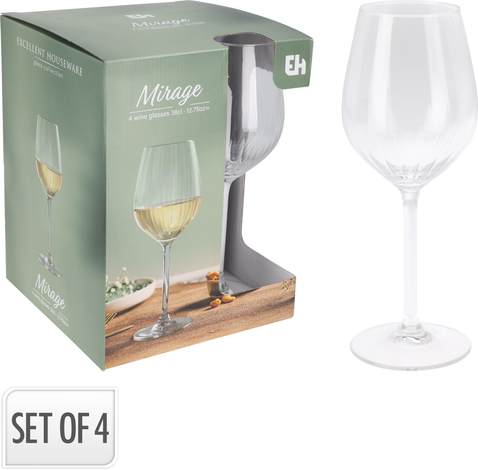 Riflede vinglas i klart glas, 4 stk., 38 cl
