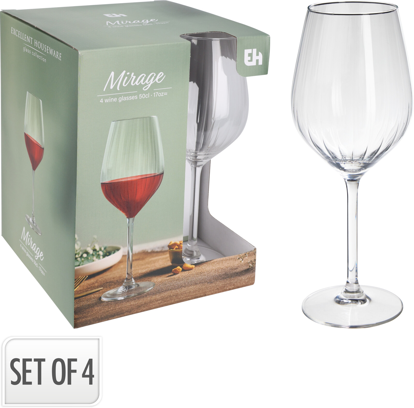 Riflede vinglas i klart glas, 4 stk., 51 cl