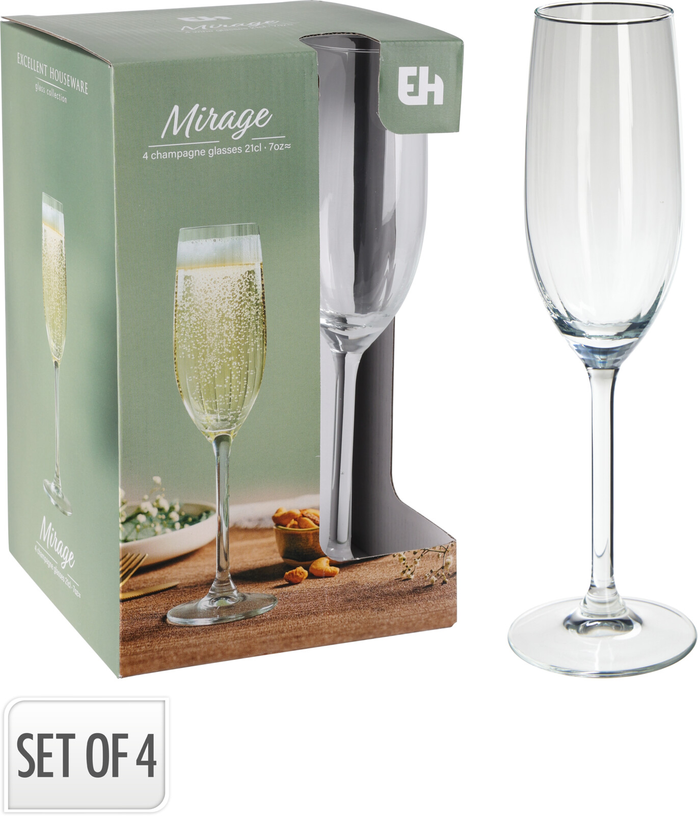 Riflede champagneglas i klart glas, 4 stk., 21 cl