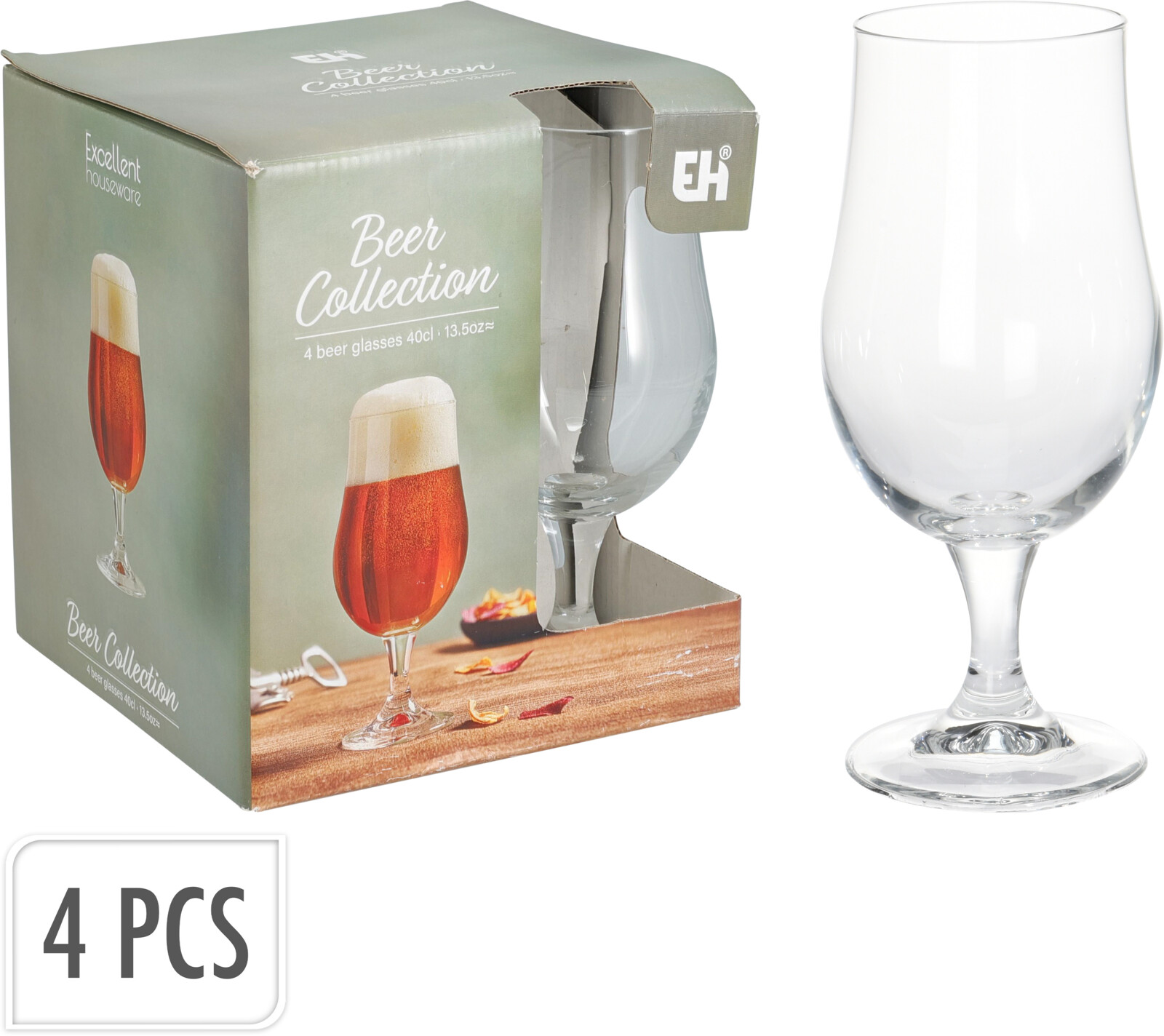 Ølglas på fod i klart glas, 4 stk., 37 cl