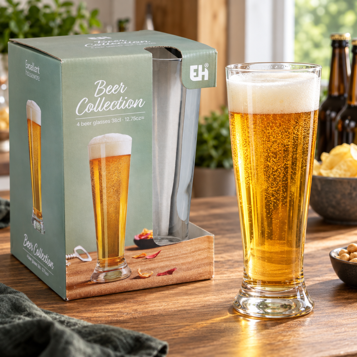 Høje ølglas 4x 38 cl klart glas uden stilk