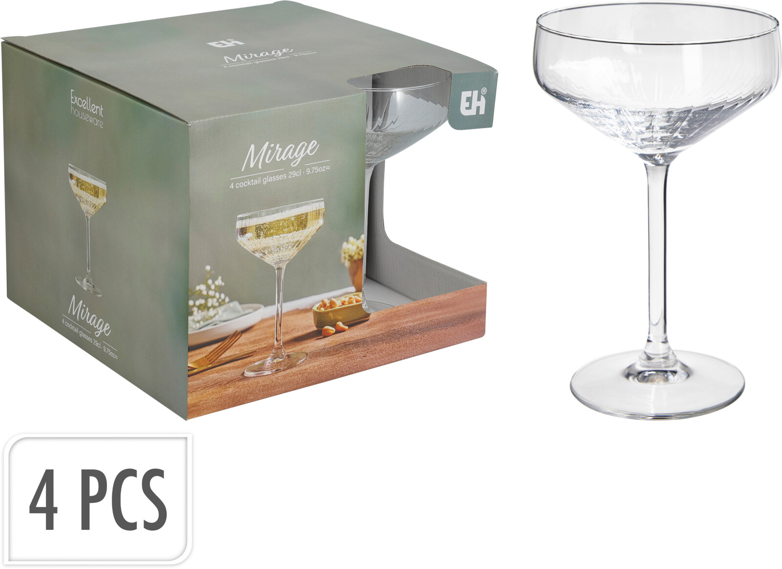 Riflede cocktailglas i skålfacon, 4 stk., 29 cl
