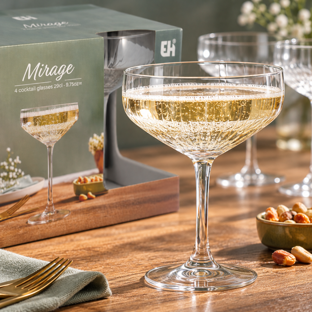 Riflede cocktailglas i skålform 4x 29 cl klart glas