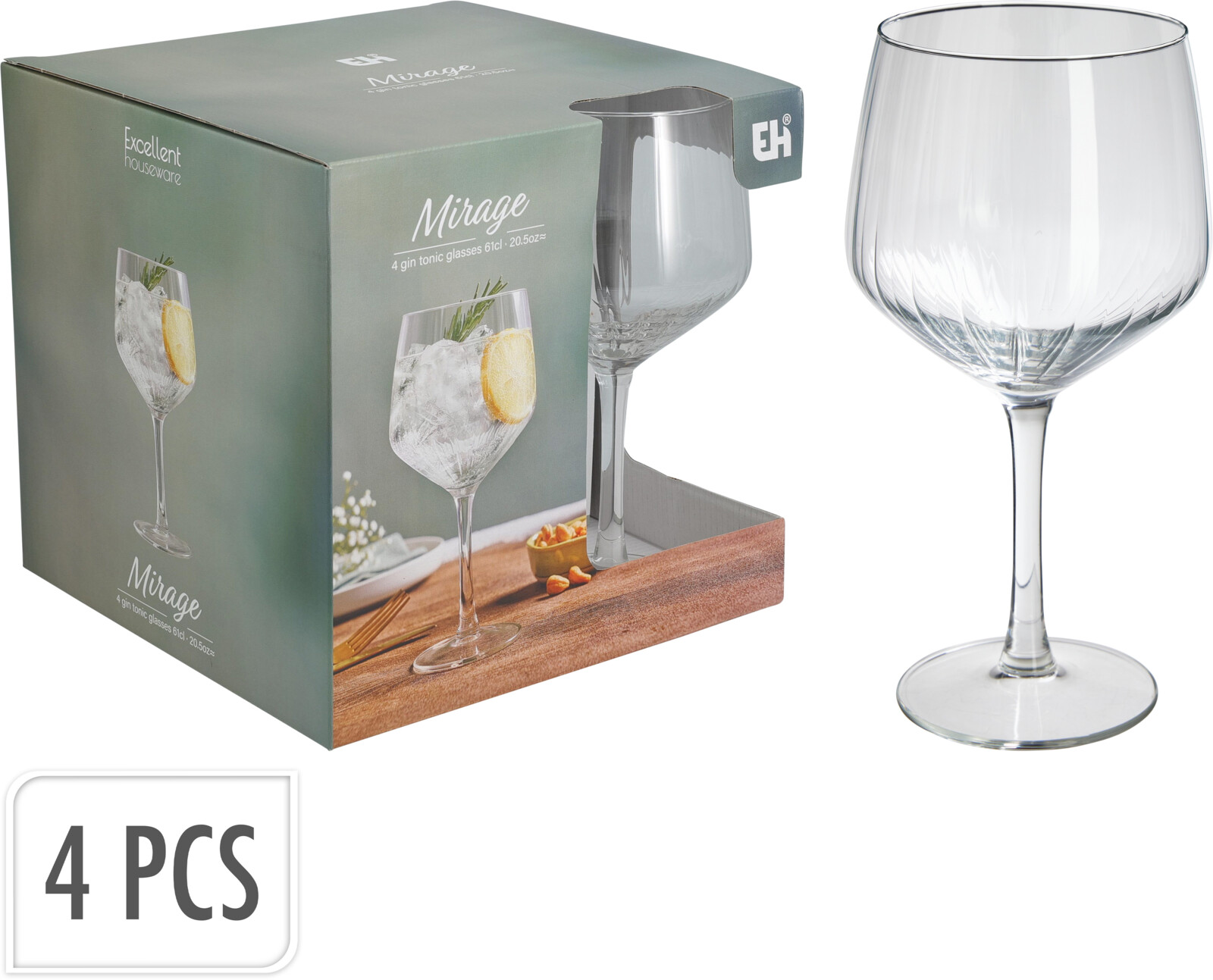 Riflede gin og tonic-glas, 4 stk., 61 cl