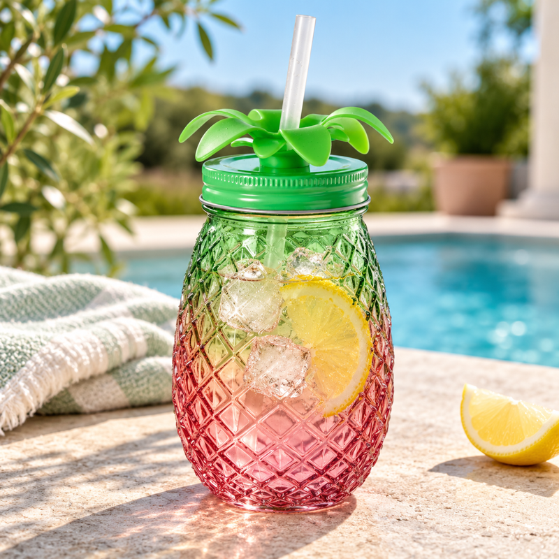 Ananas-drikkeglas 400 ml med låg og sugerør ass.