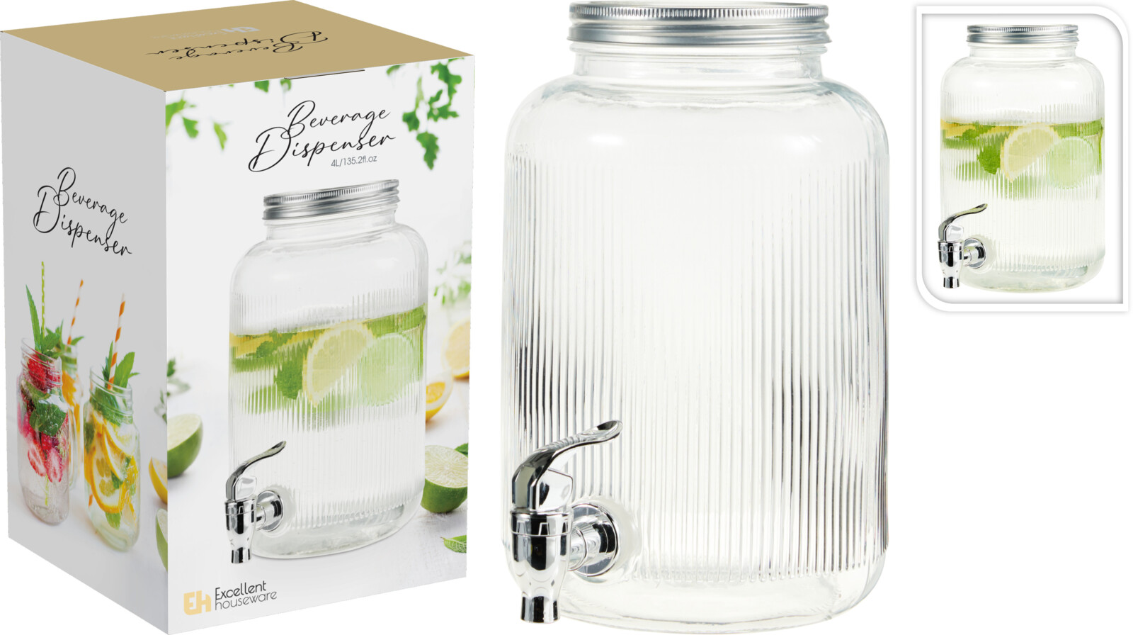 Riflet drikkedunk i glas med hane, 4 liter