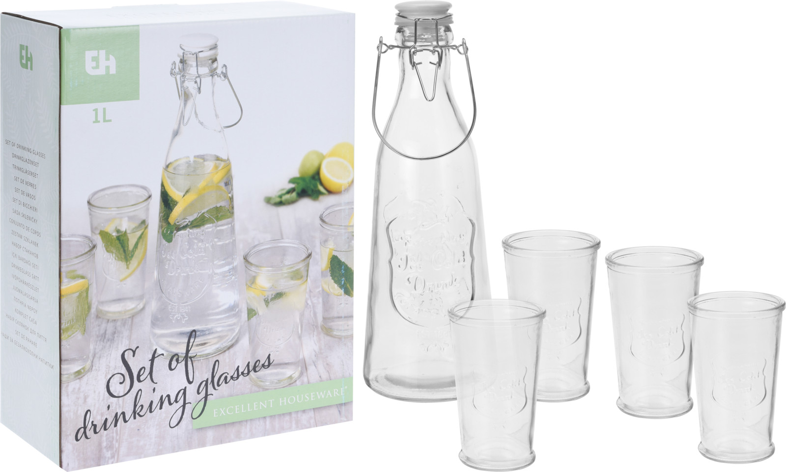 Drikkesæt i glas med flaske og 4 glas, 1 liter
