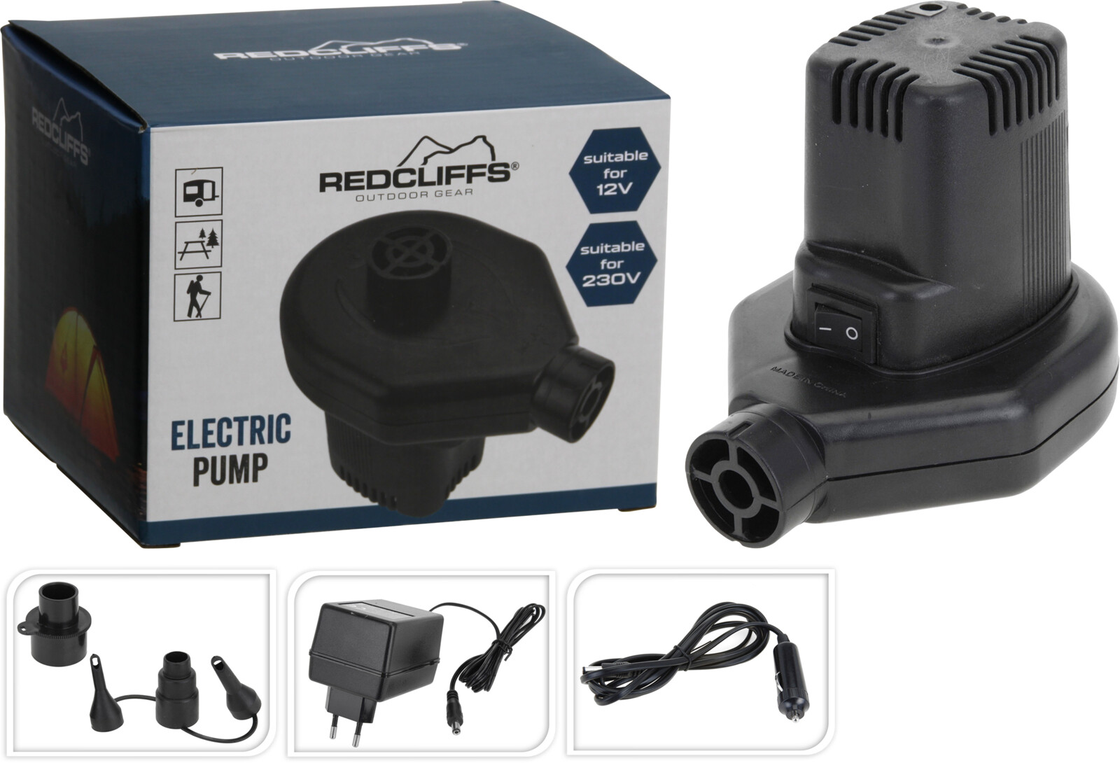 Elektrisk pumpe 12V/230V med 3 dyser