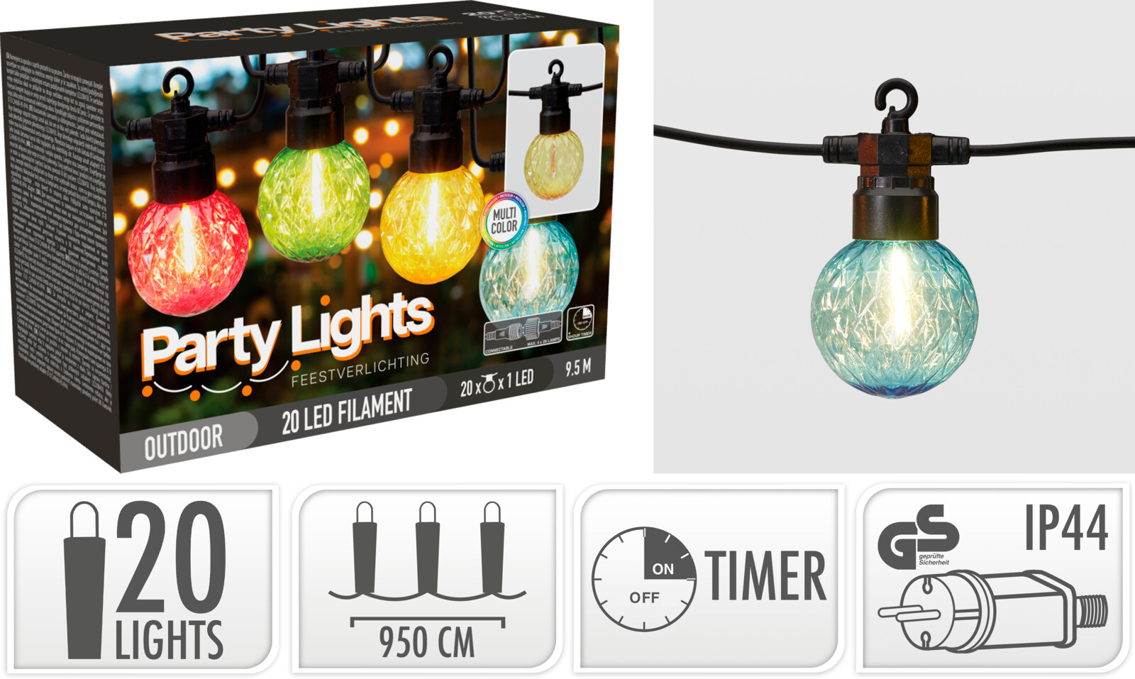 Lyskæde med 20 farvede LED-pærer 9,5 m