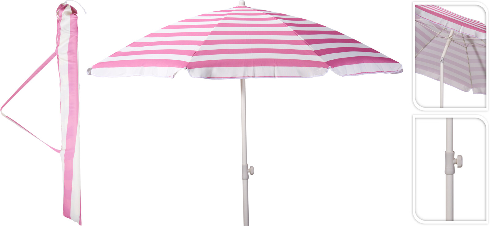 Strandparasol med vippefunktion, lyserød og hvid, Ø 200/180 cm