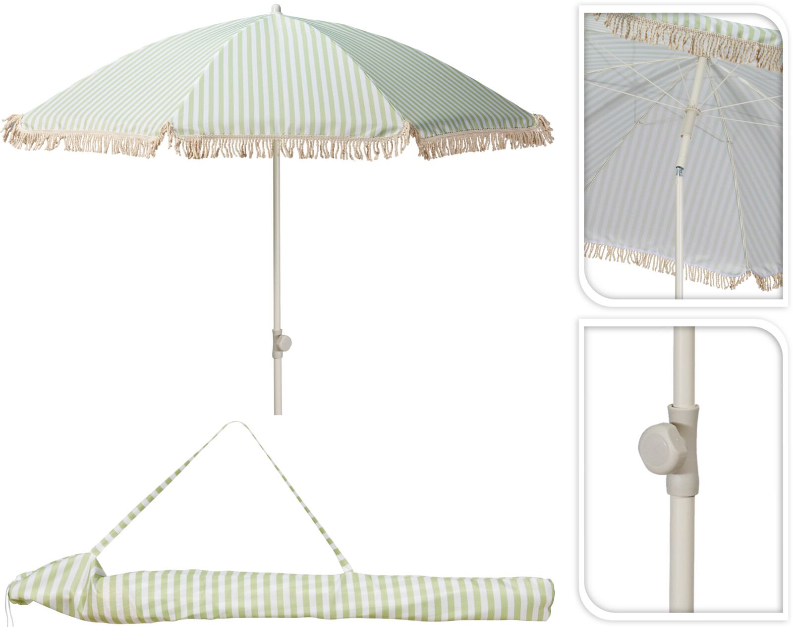 Parasol med frynser, grøn og råhvid stribet, Ø 180 cm