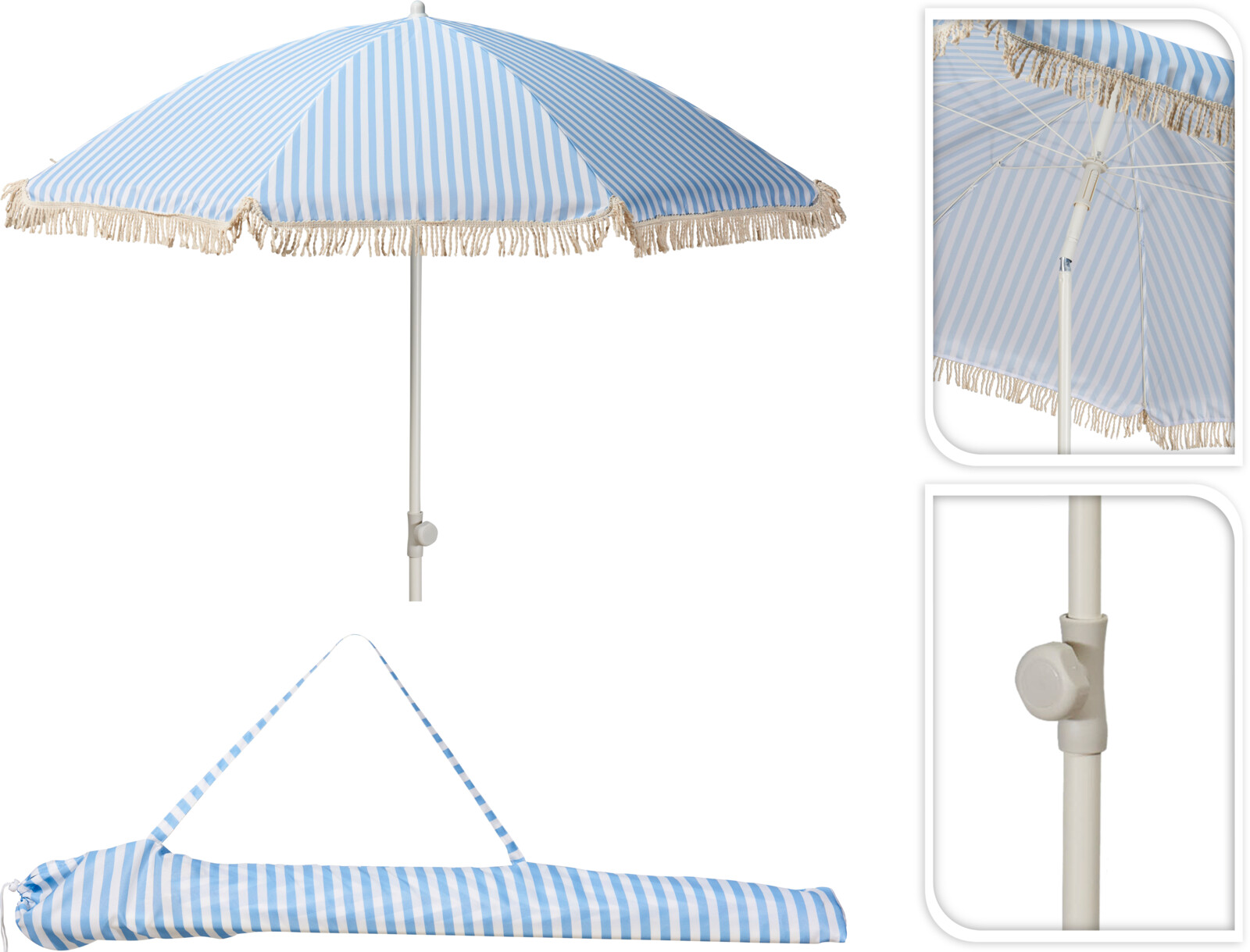Parasol med frynser, blå og råhvid stribet, Ø 180 cm