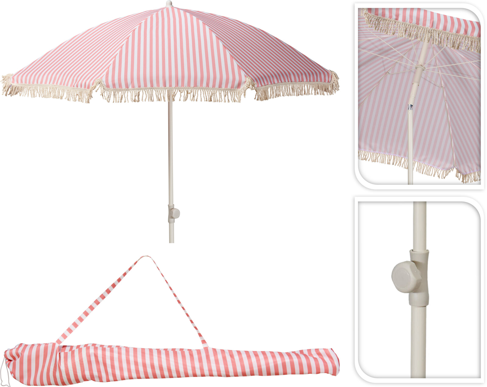 Parasol med frynser, fersken og råhvid stribet, Ø 180 cm