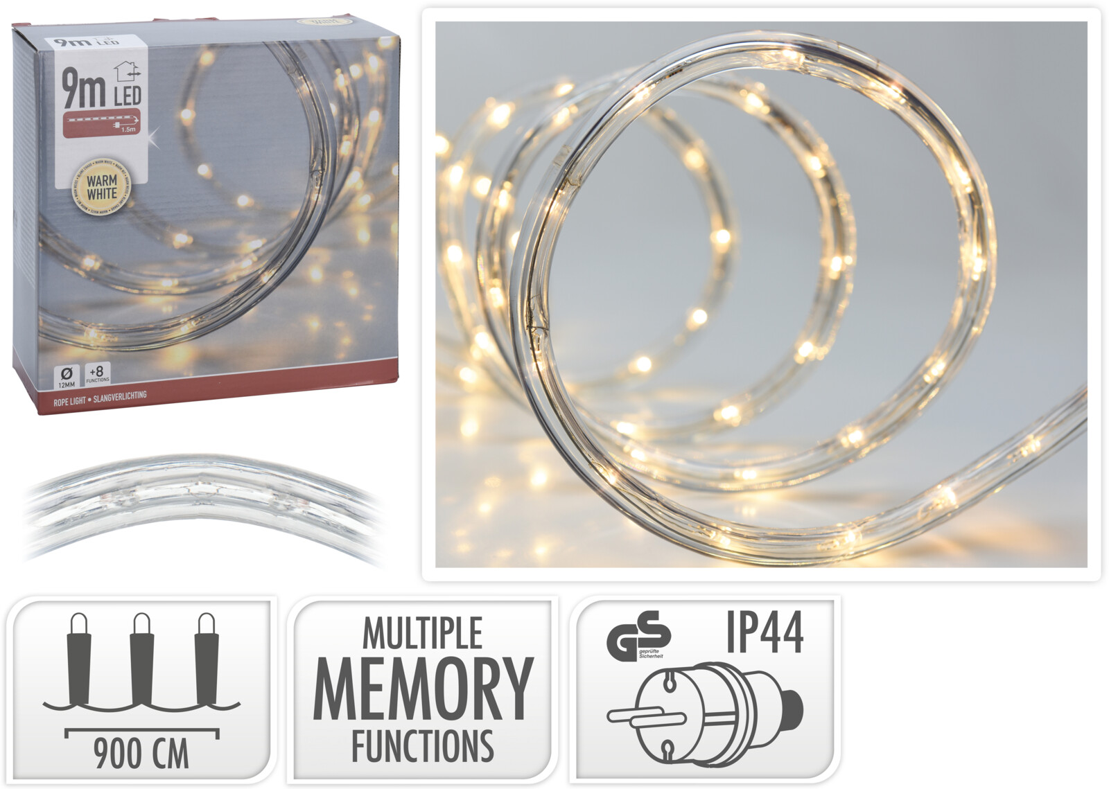 LED-lysslange 9 meter varmhvid med 8 funktioner