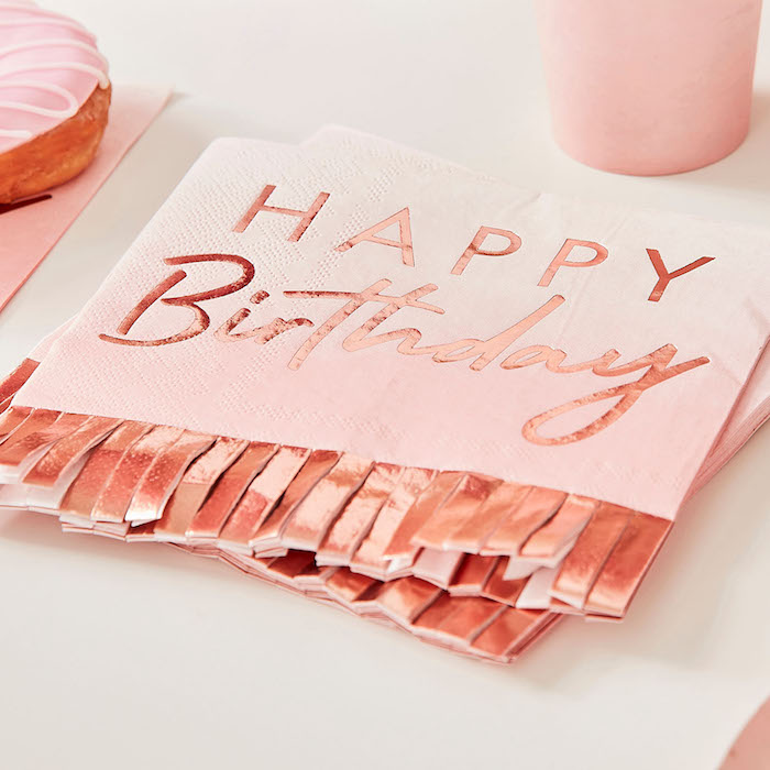 Frynse "Happy Birthday" servietter Rose gold & Pink - 16x