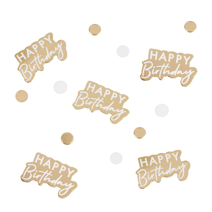 Happy Birthday konfetti i guld og hvid - 13 g