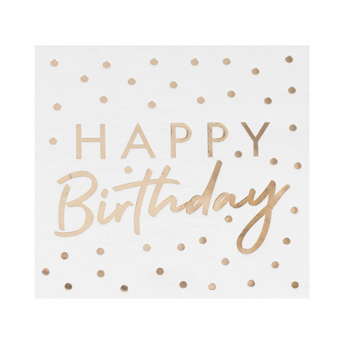 Guld Prikkede Happy Birthday Servietter - 16,5x16,5 cm