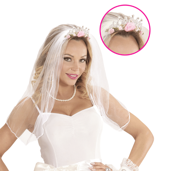 Tiara med slør og blomster sølv