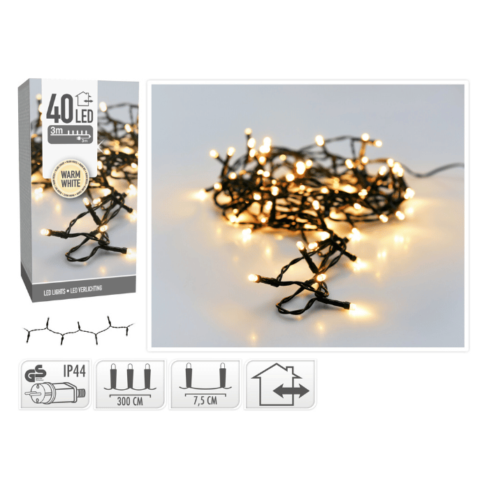 LED lyskæde 40 LED Varm hvid med stik - 3 m
