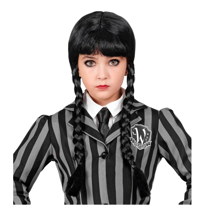 Sort paryk med fletninger og pandehår til børn