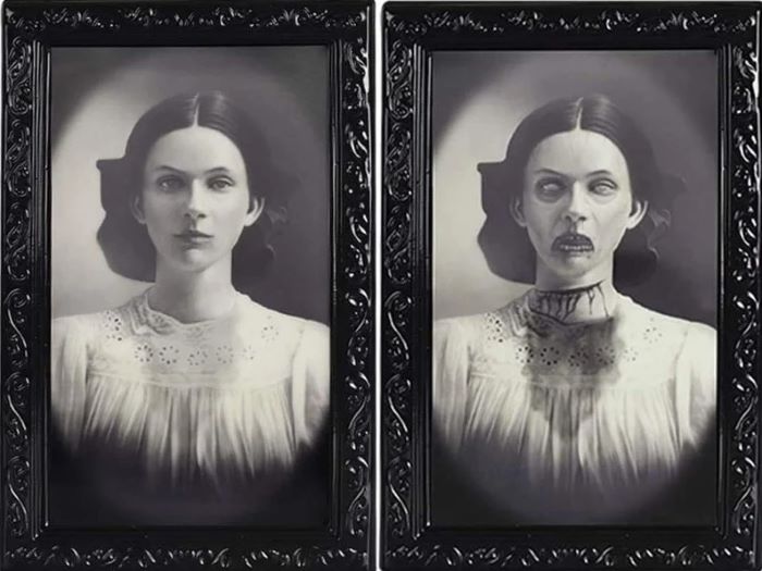 Uhyggeligt 3D halloween portræt med skiftende billede 38x25 cm - Dame portræt