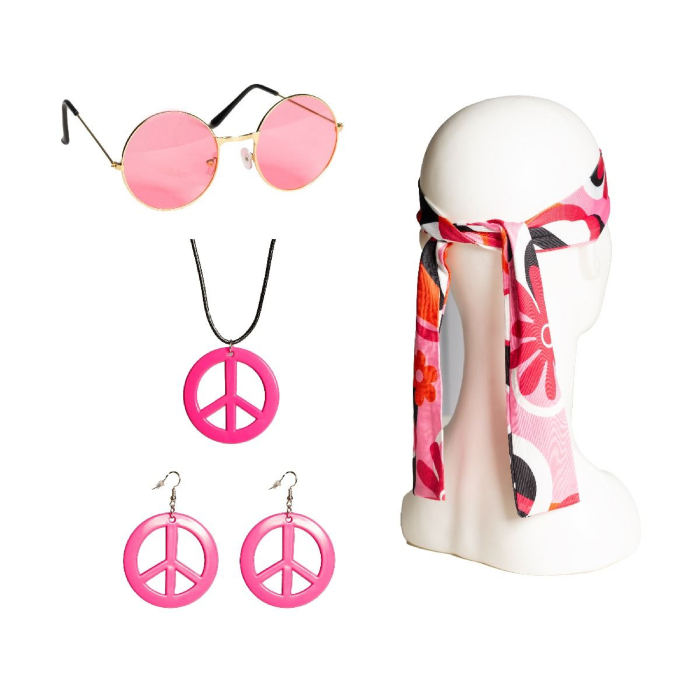 Hippie peace pink sæt inkl pandebånd, briller, øreringe, halskæde