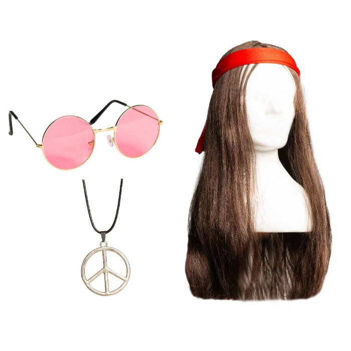 Hippie sæt inkl briller, paryk med pandebånd og halskæde til mænd