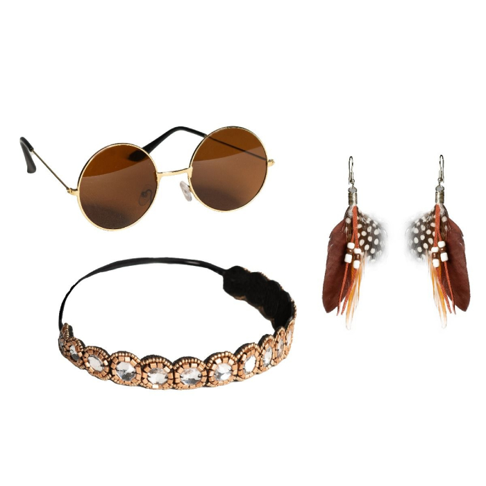 Hippie brun sæt inkl pandebånd, solbriller og øreringe til kvinder