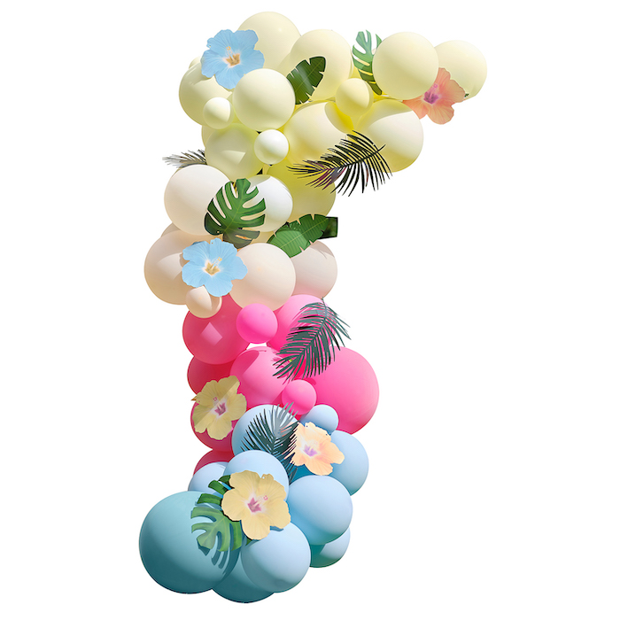 Farverig Hawaii Ballonbue inkl. Balloner, Blomster og Palmeblade 85 dele