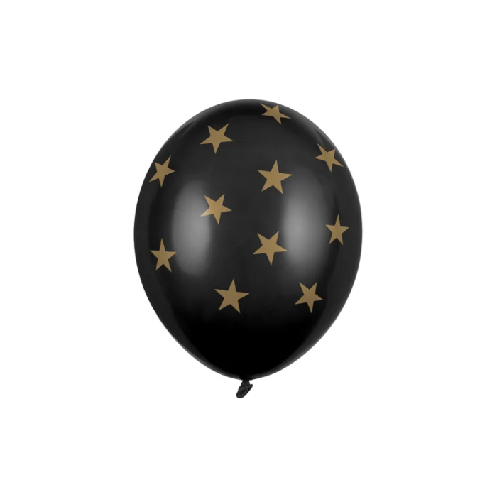 Ballon med guld stjerner sort 6x - 30 cm