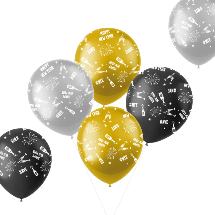 Nytårs balloner sort, guld og sølv 6x