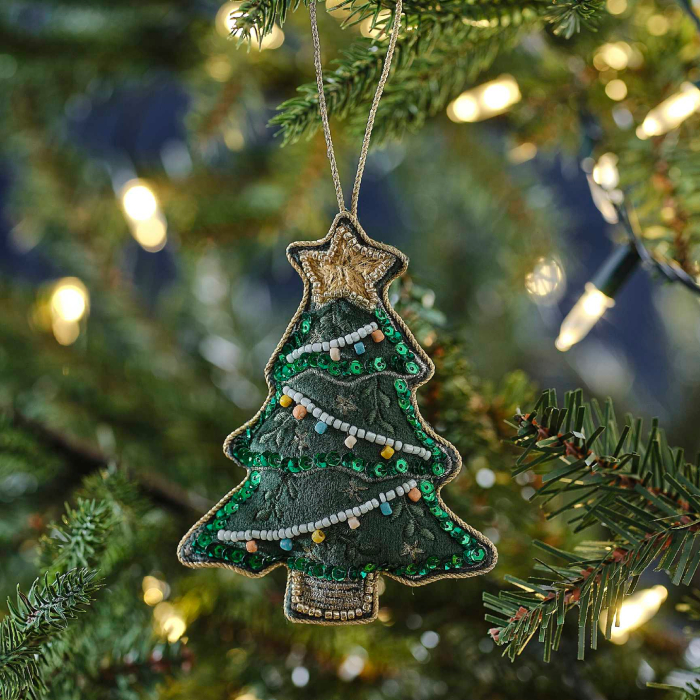 Grøn juletræ hængende julefigur i velour 8x8 cm